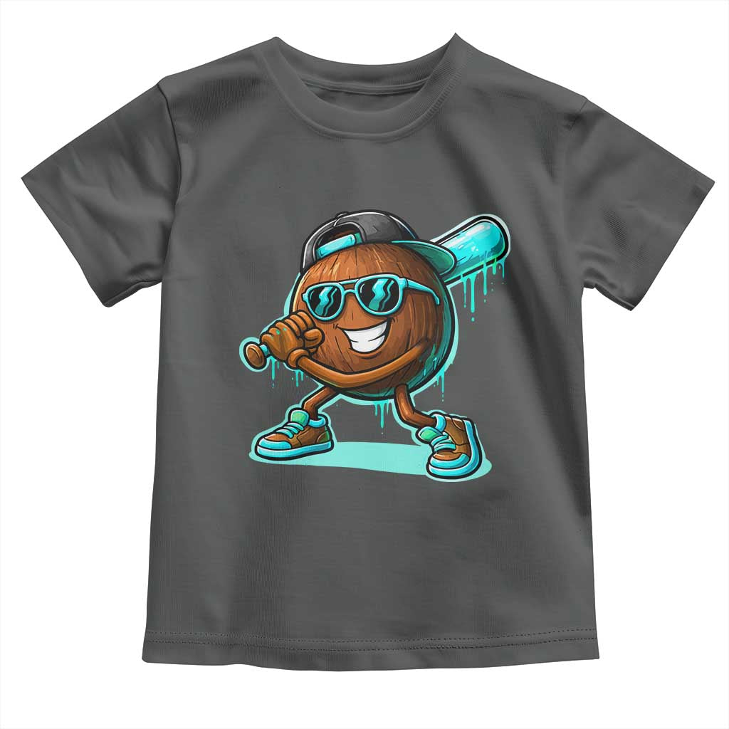 Coconut Baseball Player Toddler T Shirt Funny Baseball Drip Ice Cream Fruit Humor TS10 Dark Heather Print Your Wear
