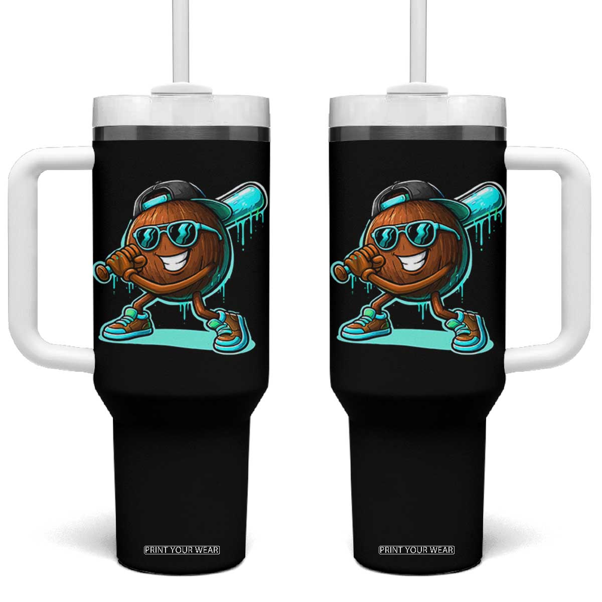 Coconut Baseball Player Tumbler With Handle Funny Baseball Drip Ice Cream Fruit Humor TS10 One Size: 40 oz Black Print Your Wear
