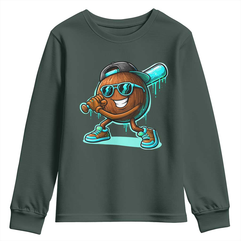 Coconut Baseball Player Youth Sweatshirt Funny Baseball Drip Ice Cream Fruit Humor TS10 Dark Forest Green Print Your Wear