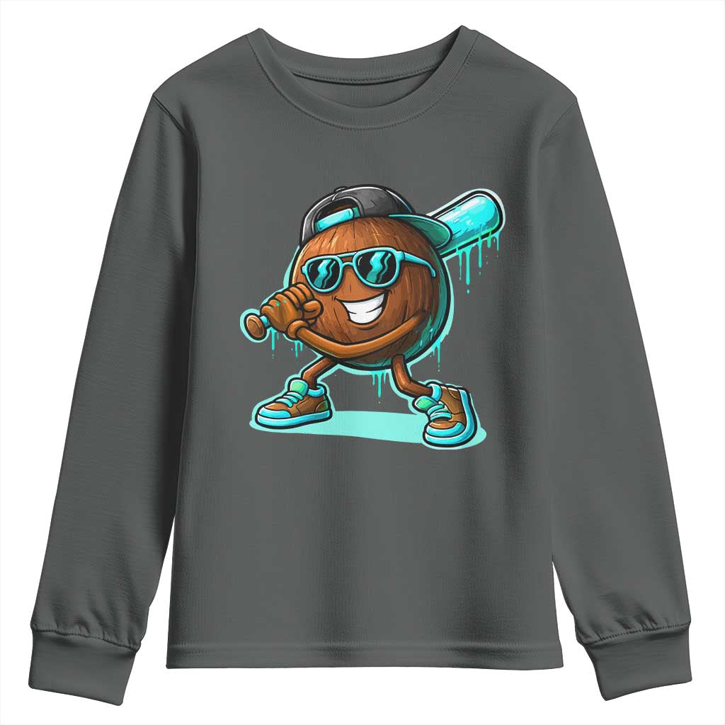 Coconut Baseball Player Youth Sweatshirt Funny Baseball Drip Ice Cream Fruit Humor TS10 Dark Heather Print Your Wear