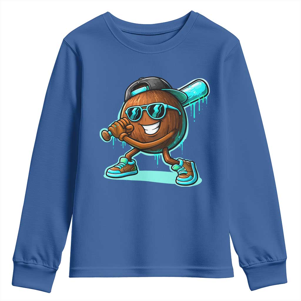 Coconut Baseball Player Youth Sweatshirt Funny Baseball Drip Ice Cream Fruit Humor TS10 Royal Blue Print Your Wear