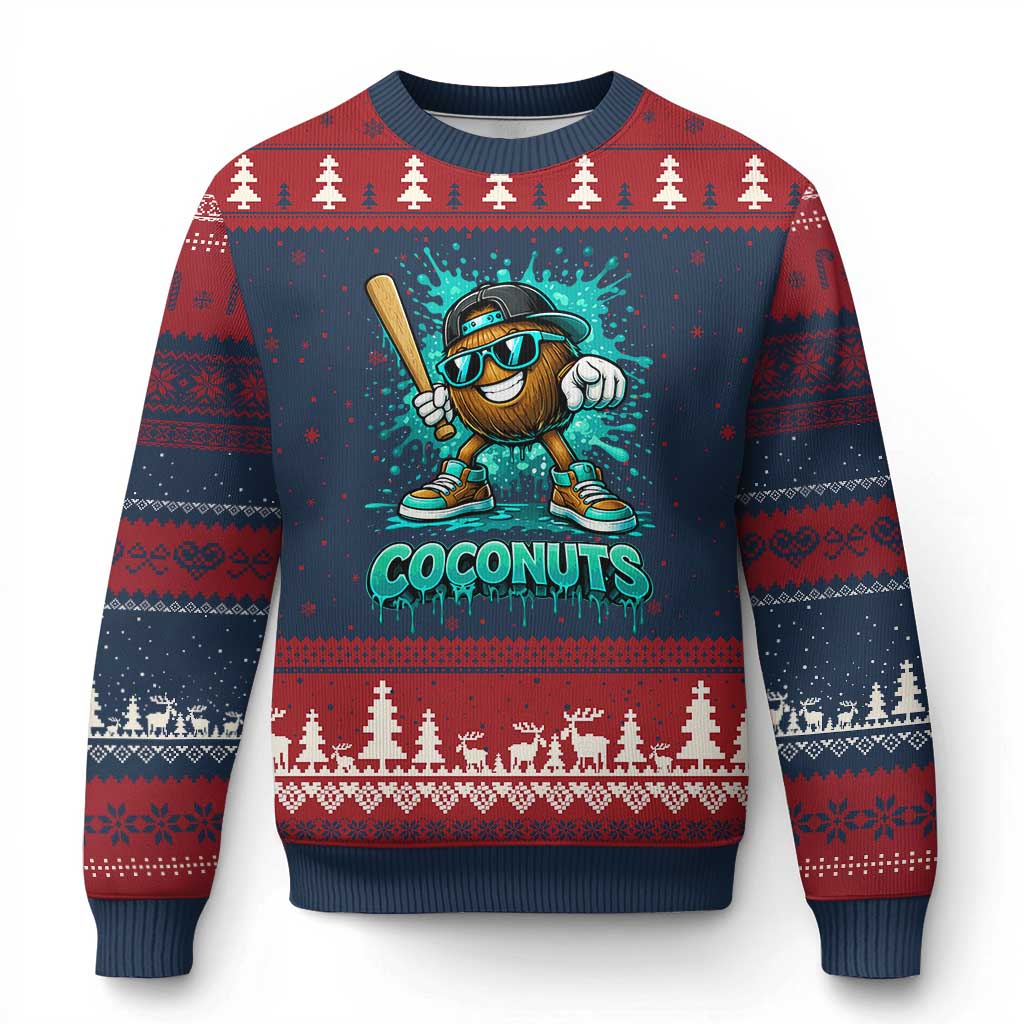 Baseball Coconut Ugly Christmas Sweater Funny Graffiti Splatter Sports TS10 Navy Red Print Your Wear