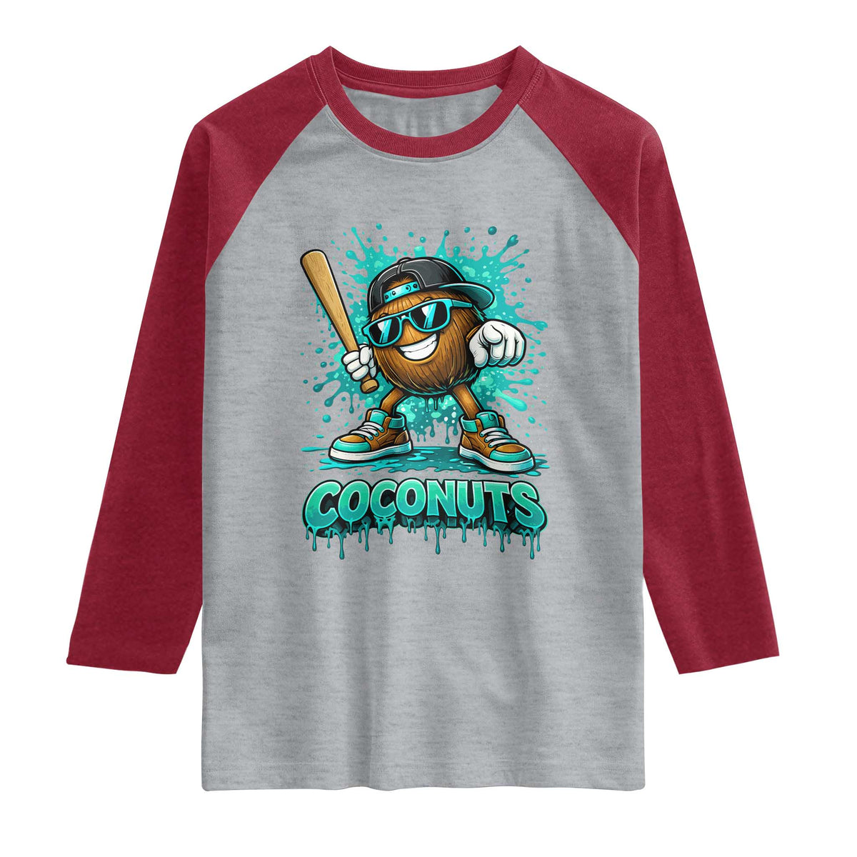 Baseball Coconut Raglan Shirt Funny Graffiti Splatter Sports TS10 Heather Gray Heather Red Print Your Wear