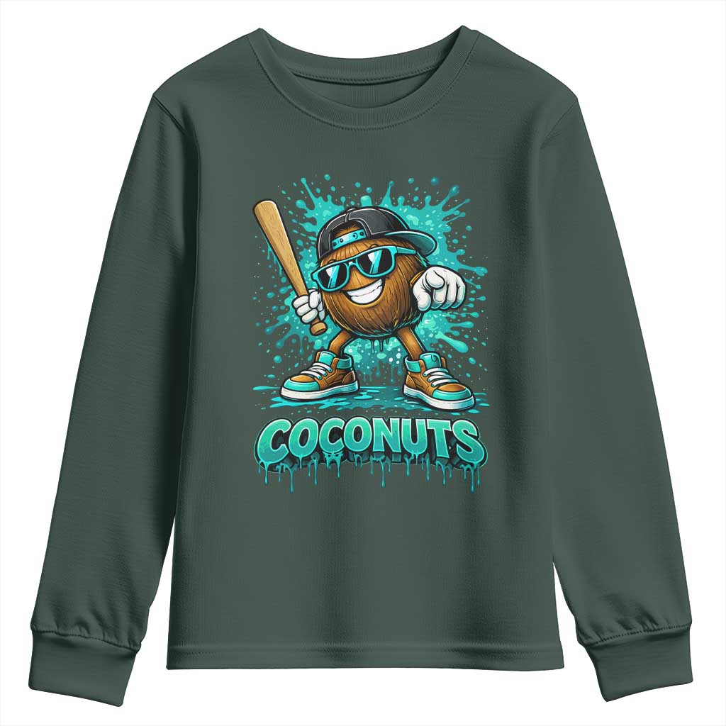 Baseball Coconut Youth Sweatshirt Funny Graffiti Splatter Sports TS10 Dark Forest Green Print Your Wear