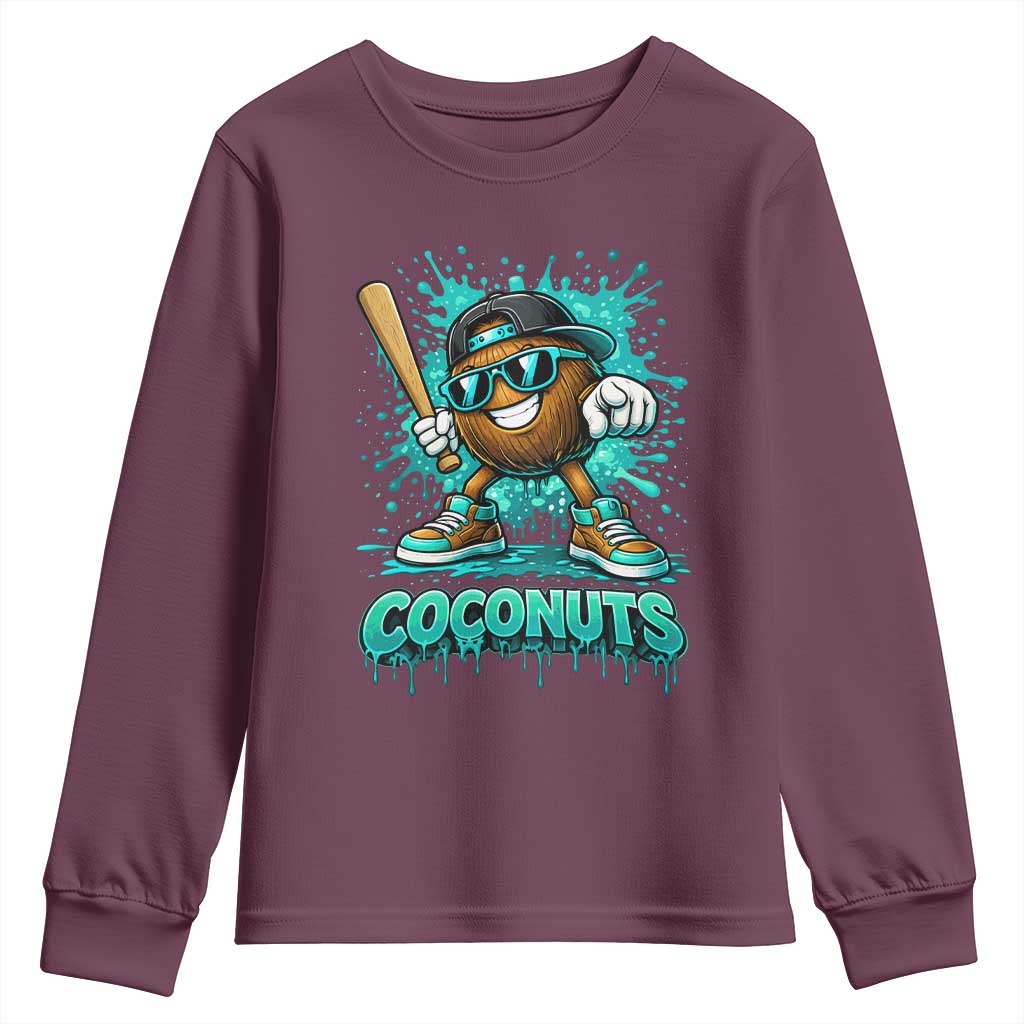 Baseball Coconut Youth Sweatshirt Funny Graffiti Splatter Sports TS10 Maroon Print Your Wear