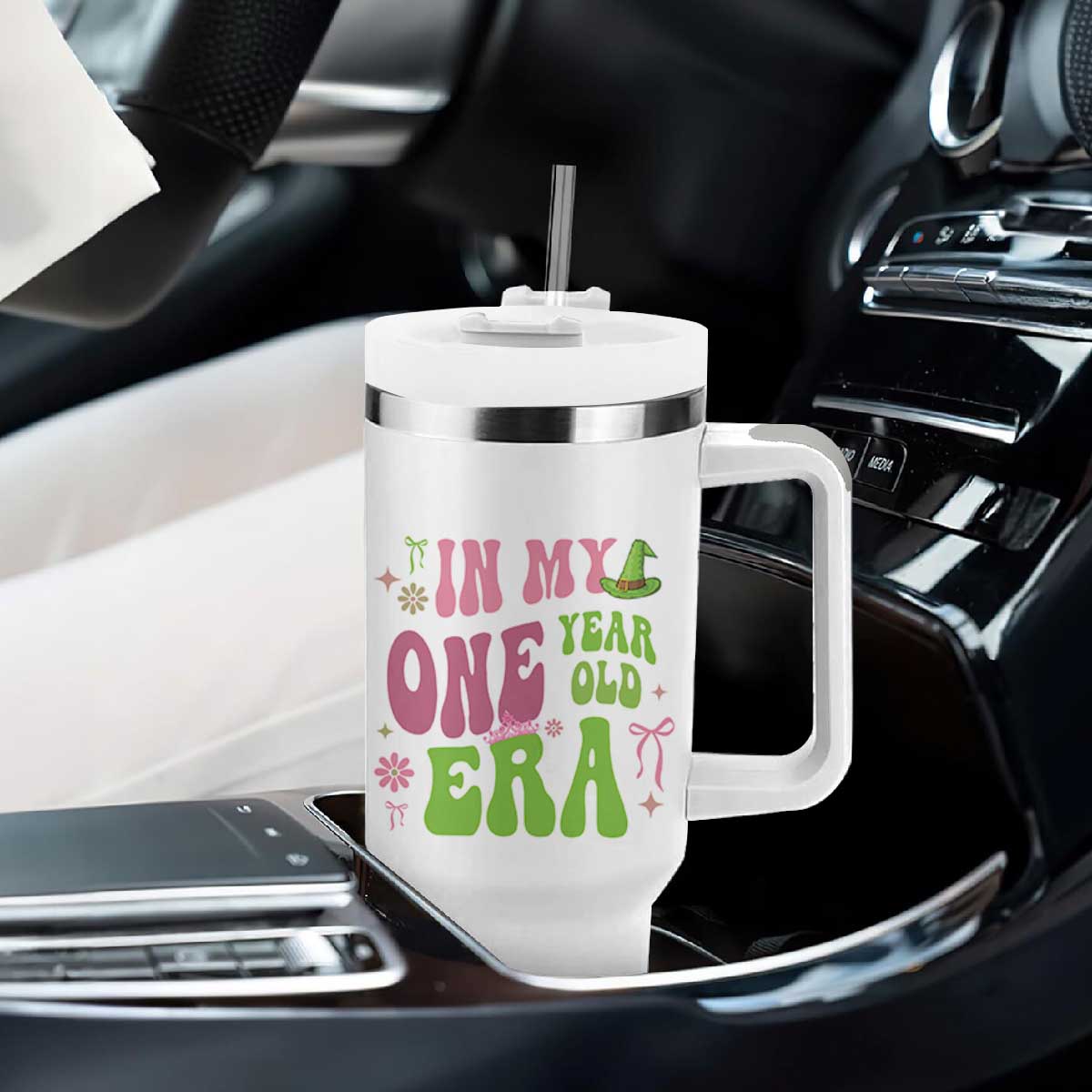 Baby Girl First Birthday Outfit Tumbler With Handle In My One Year Old Era Witch Pink Green TS10 Print Your Wear