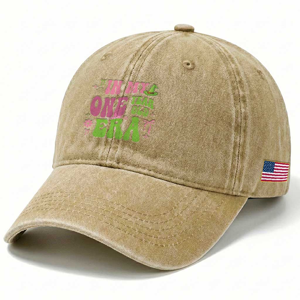 Baby Girl First Birthday Washed Cotton Baseball Cap In My One Year Old Era Witch Pink Green