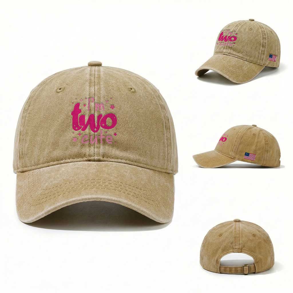 Two Birthday Girl Washed Cotton Baseball Cap Pink 2nd Bday Im Two Cute