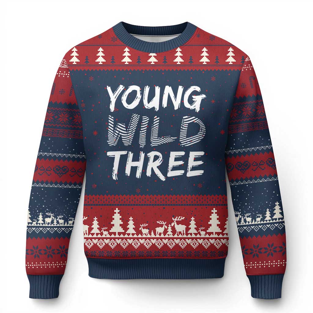 Toddler 3rd Birthday Ugly Christmas Sweater Young Wild And Three TS10 Navy Red Print Your Wear