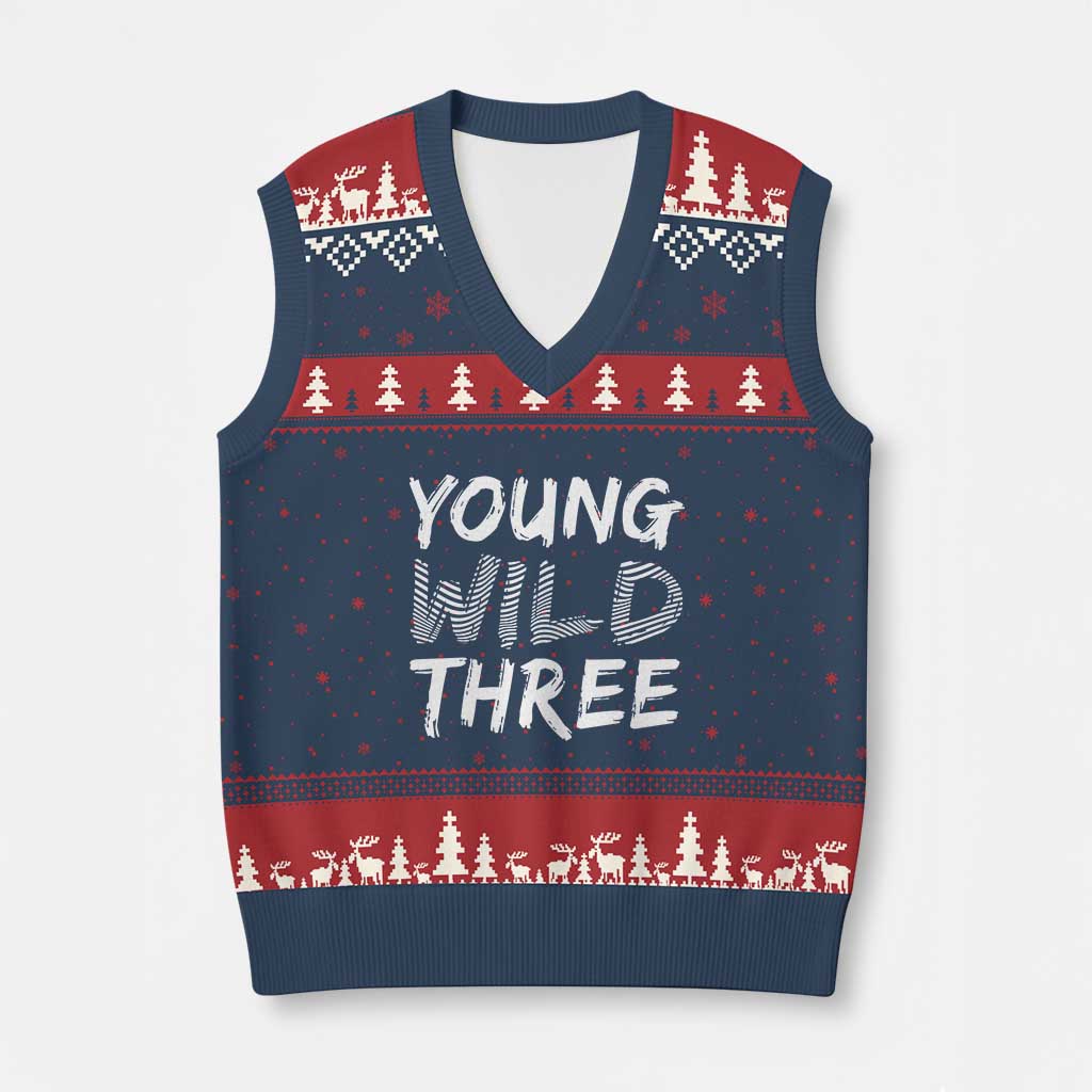 Toddler 3rd Birthday V-Neck Knit Sweater Vest Young Wild And Three TS10 Navy Red Print Your Wear