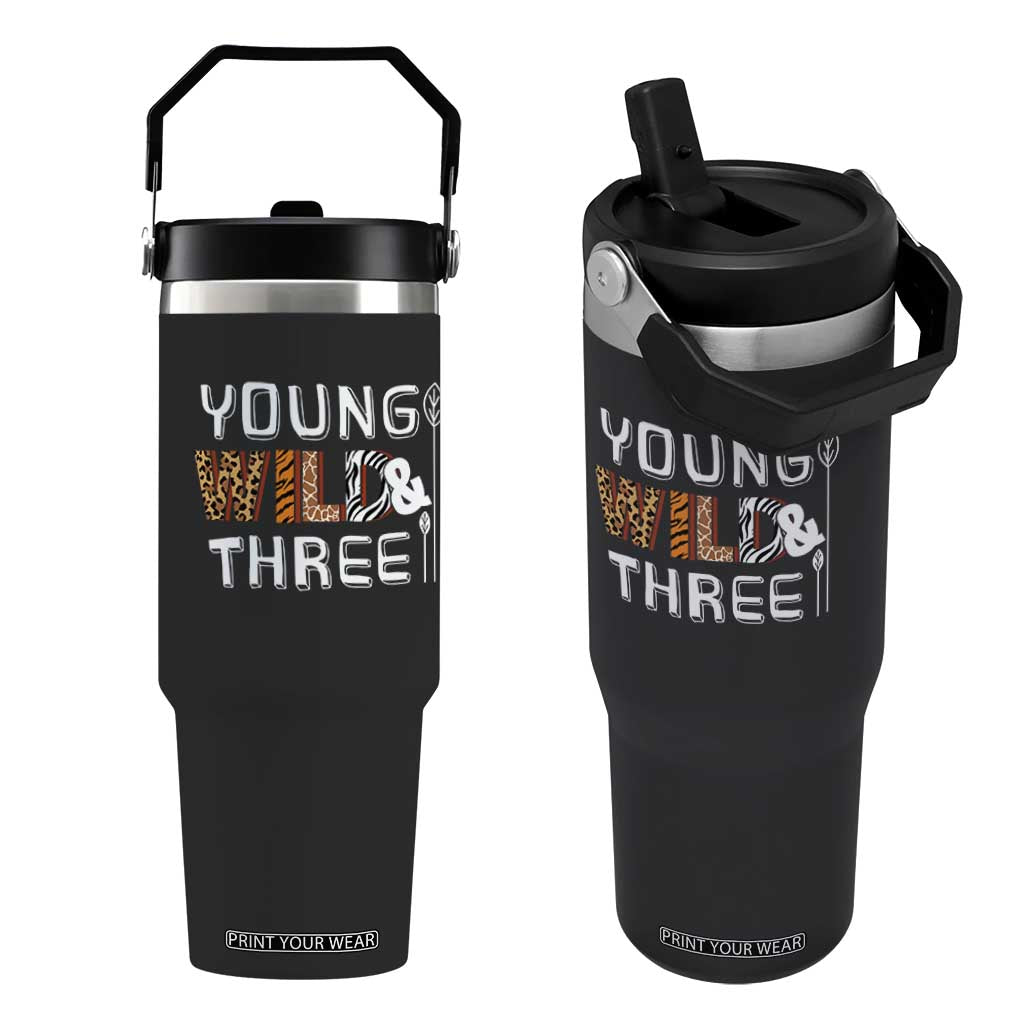 3rd Birthday Flip Straw Tumbler Young Wild And Three Safari Zoo Party TS10 One Size: 30 oz Black Print Your Wear