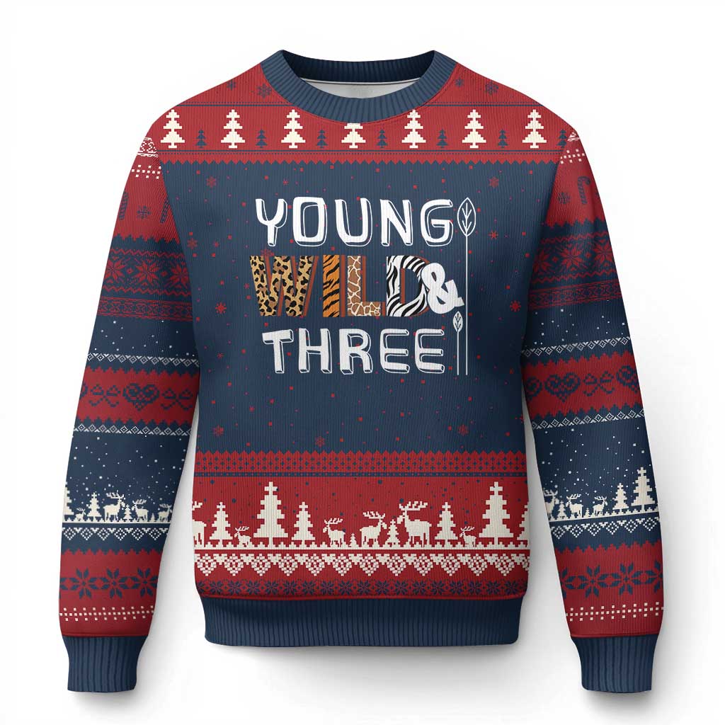 3rd Birthday Ugly Christmas Sweater Young Wild And Three Safari Zoo Party TS10 Navy Red Print Your Wear