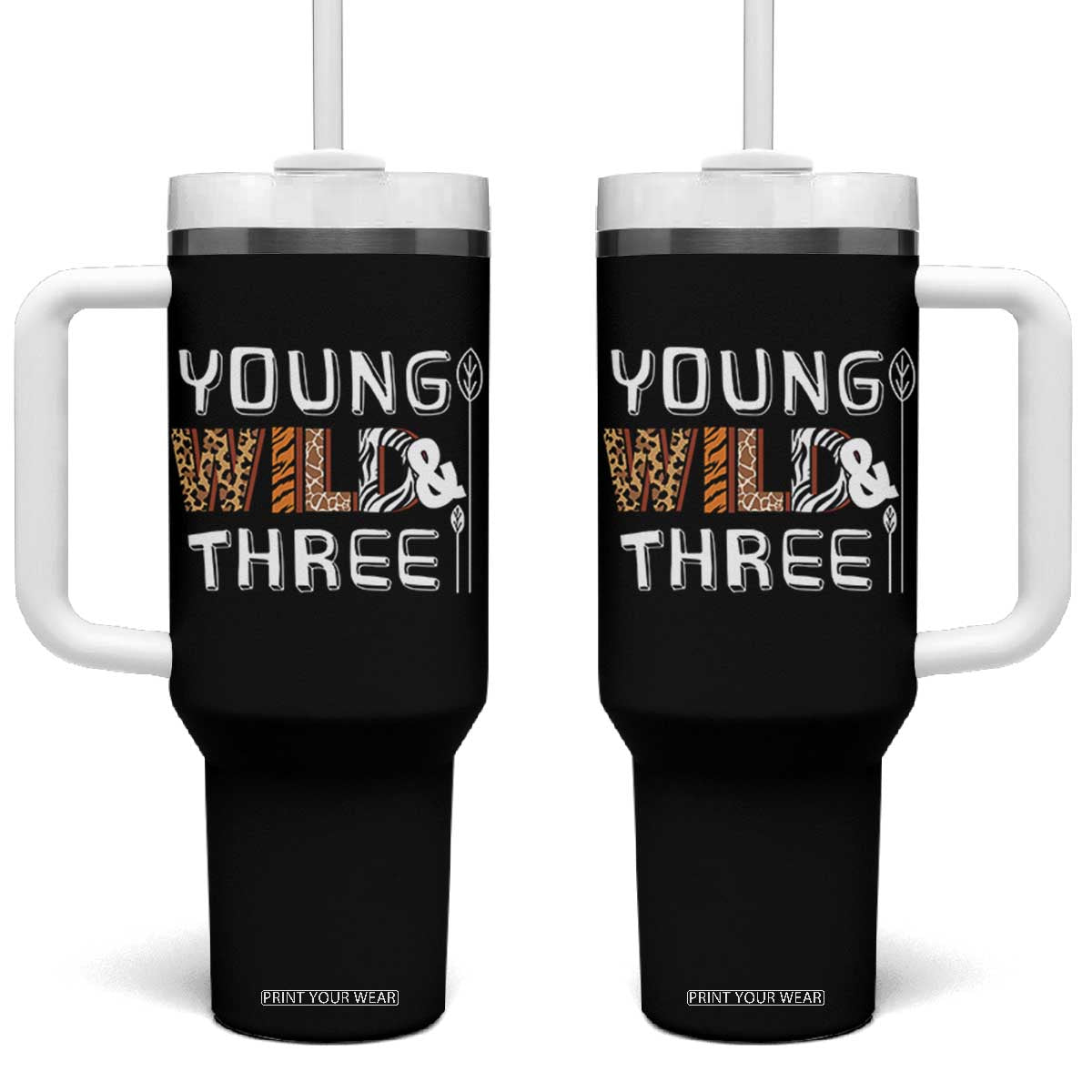 3rd Birthday Tumbler With Handle Young Wild And Three Safari Zoo Party TS10 One Size: 40 oz Black Print Your Wear