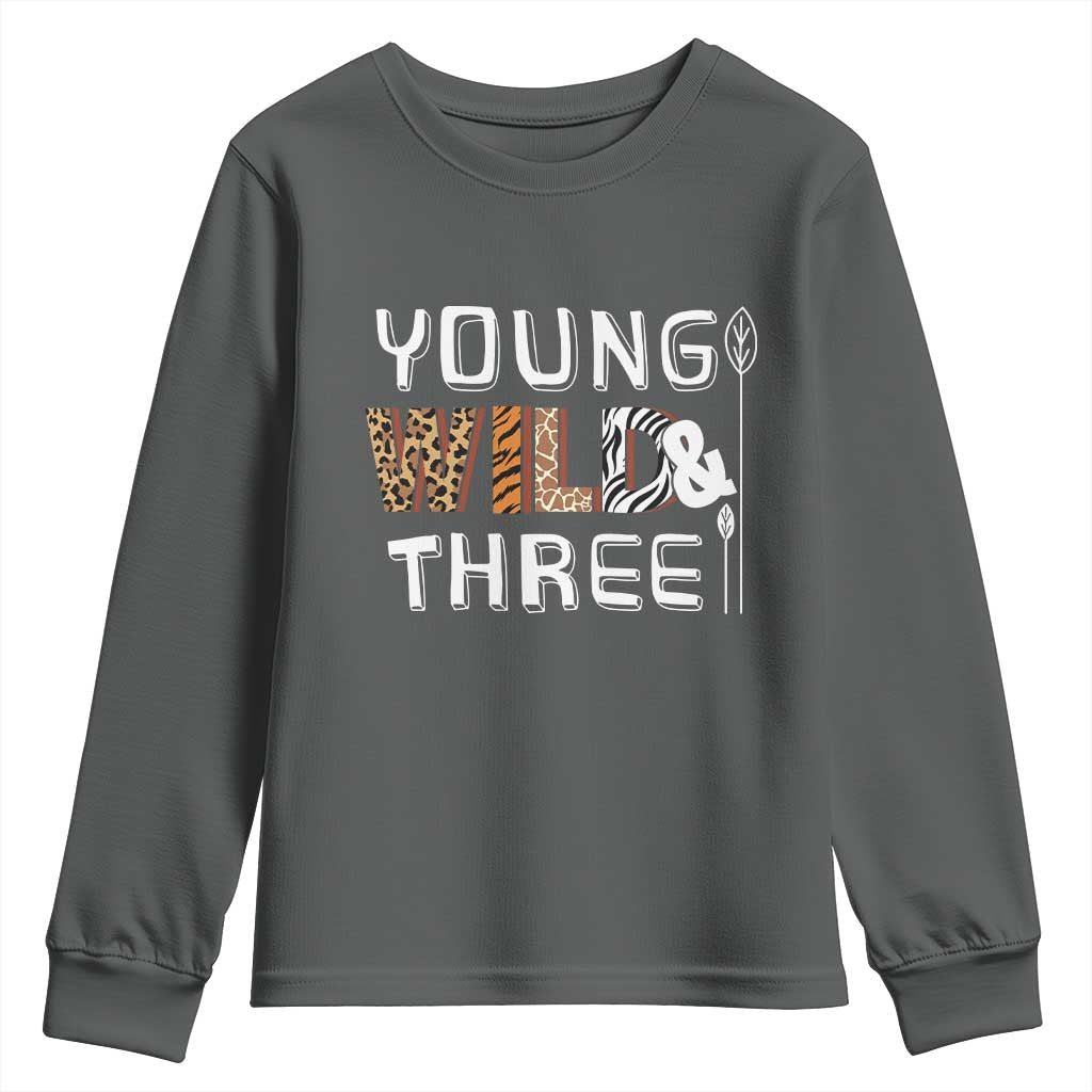 3rd Birthday Youth Sweatshirt Young Wild And Three Safari Zoo Party TS10 Dark Heather Print Your Wear