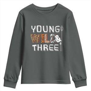 3rd Birthday Youth Sweatshirt Young Wild And Three Safari Zoo Party TS10 Dark Heather Print Your Wear