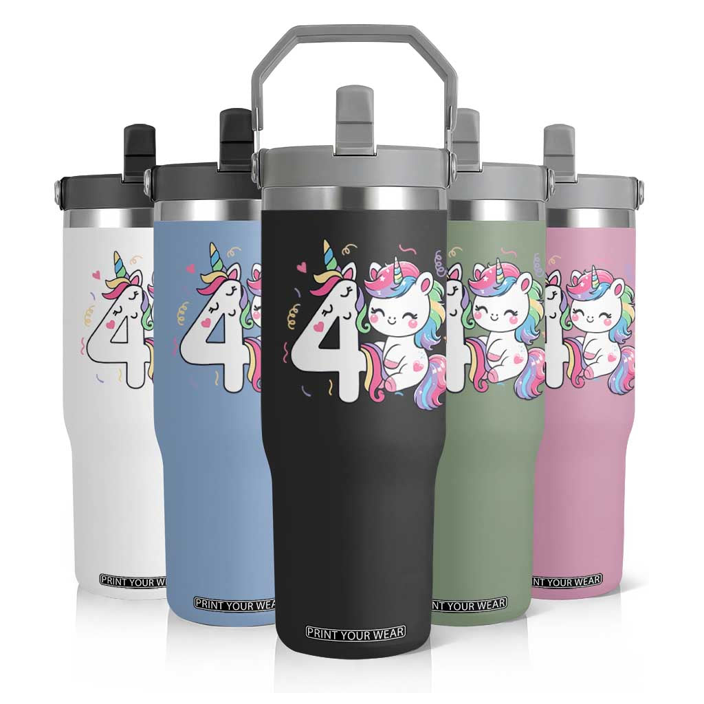 Unicorn 4th Birthday Flip Straw Tumbler 4 Years Old Birthday Outfit TS10 Print Your Wear