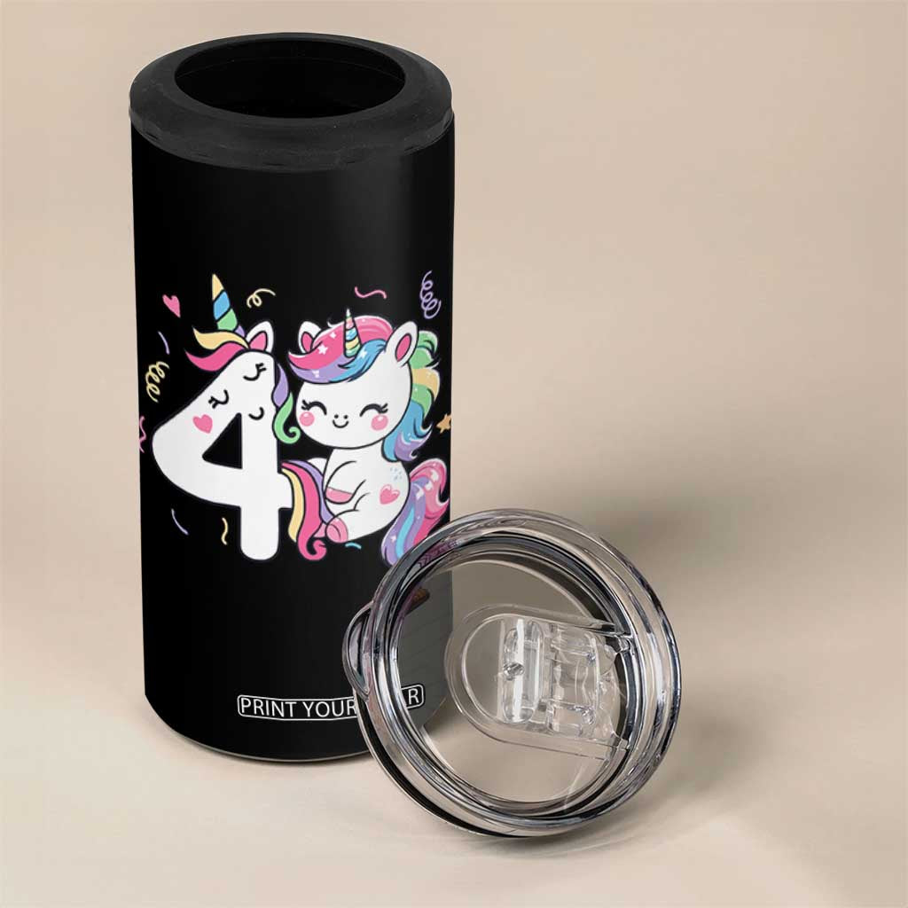 Unicorn 4th Birthday 4 in 1 Can Cooler Tumbler 4 Years Old Birthday Outfit TS10 Print Your Wear