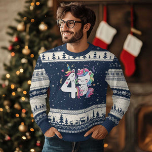 Unicorn 4th Birthday Ugly Christmas Sweater 4 Years Old Birthday Outfit TS10 Navy Beige Print Your Wear
