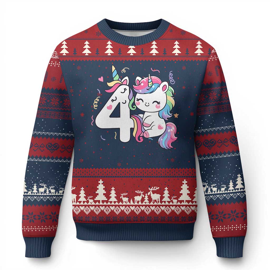 Unicorn 4th Birthday Ugly Christmas Sweater 4 Years Old Birthday Outfit TS10 Navy Red Print Your Wear