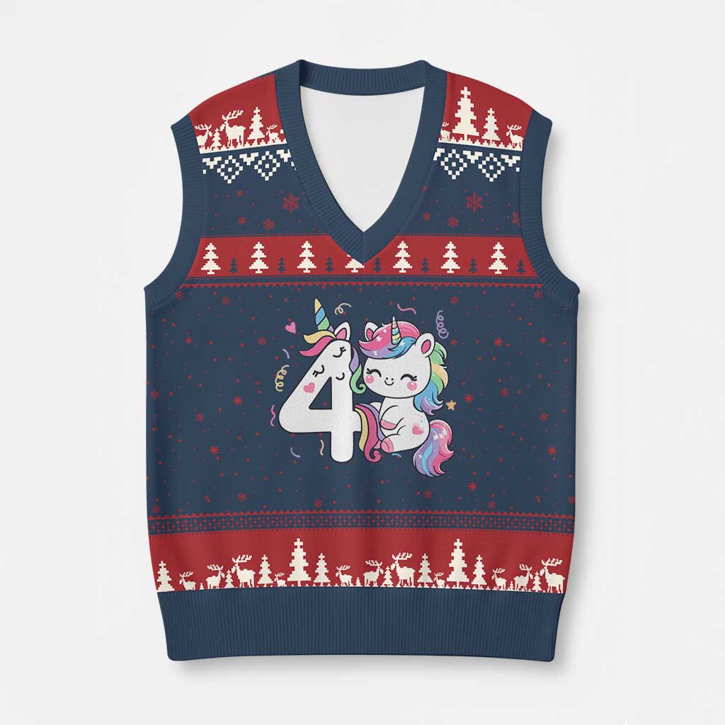 Unicorn 4th Birthday V-Neck Knit Sweater Vest 4 Years Old Birthday Outfit TS10 Navy Red Print Your Wear