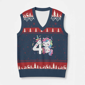 Unicorn 4th Birthday V-Neck Knit Sweater Vest 4 Years Old Birthday Outfit TS10 Navy Red Print Your Wear
