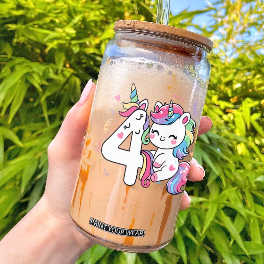 Unicorn 4th Birthday Glass Can 4 Years Old Birthday Outfit TS10 Black Print Your Wear