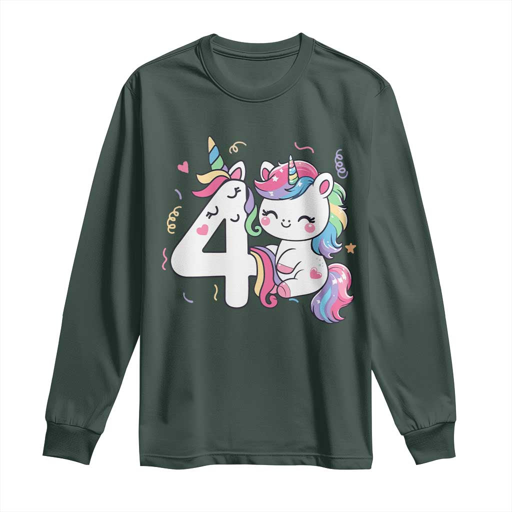 Unicorn 4th Birthday Long Sleeve Shirt 4 Years Old Birthday Outfit TS10 Dark Forest Green Print Your Wear