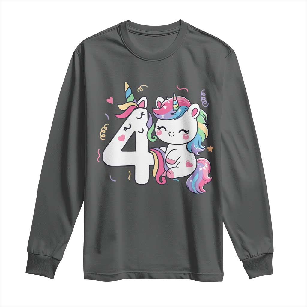 Unicorn 4th Birthday Long Sleeve Shirt 4 Years Old Birthday Outfit TS10 Dark Heather Print Your Wear