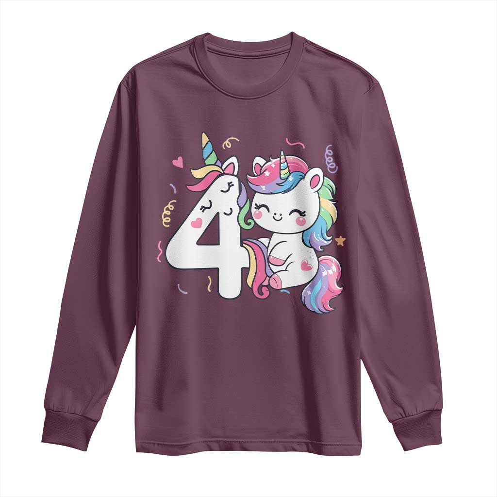 Unicorn 4th Birthday Long Sleeve Shirt 4 Years Old Birthday Outfit TS10 Maroon Print Your Wear