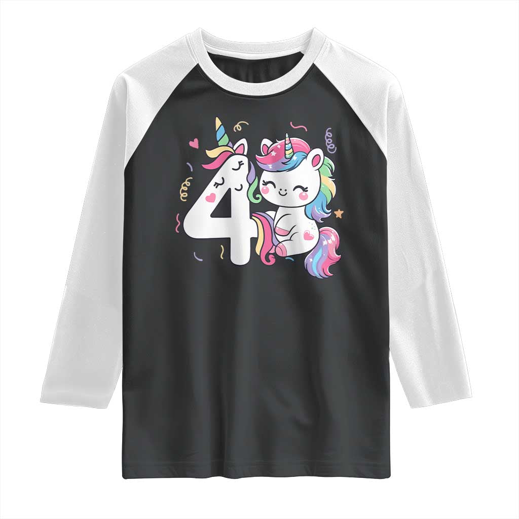 Unicorn 4th Birthday Raglan Shirt 4 Years Old Birthday Outfit TS10 Black White Print Your Wear