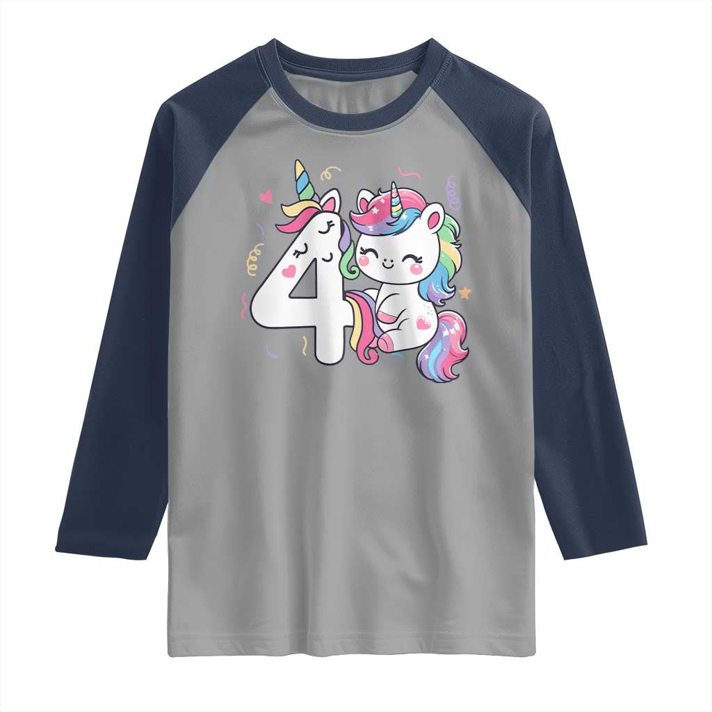 Unicorn 4th Birthday Raglan Shirt 4 Years Old Birthday Outfit TS10 Sport Gray Navy Print Your Wear
