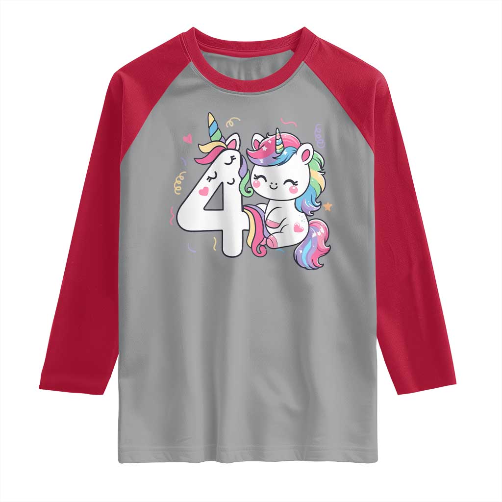 Unicorn 4th Birthday Raglan Shirt 4 Years Old Birthday Outfit TS10 Sport Gray Red Print Your Wear