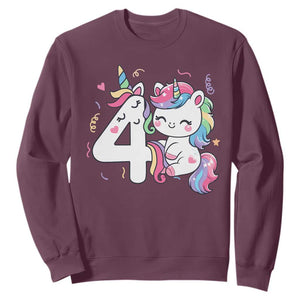 Unicorn 4th Birthday Sweatshirt 4 Years Old Birthday Outfit TS10 Maroon Print Your Wear