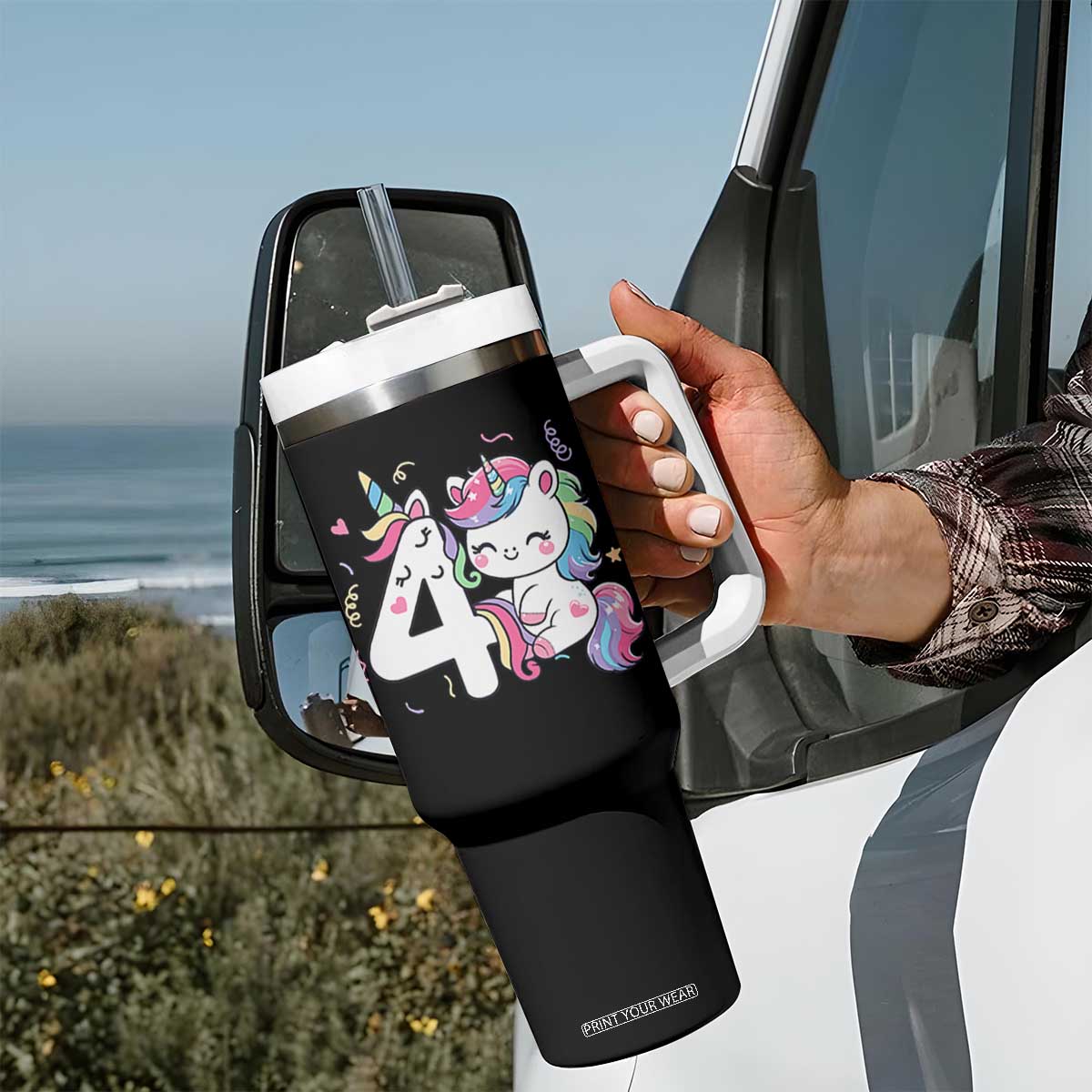 Unicorn 4th Birthday Tumbler With Handle 4 Years Old Birthday Outfit TS10 Print Your Wear
