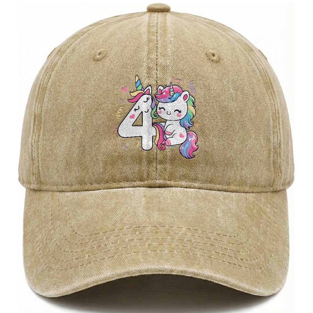 Unicorn 4th Birthday Washed Cotton Baseball Cap 4 Years Old Birthday Outfit
