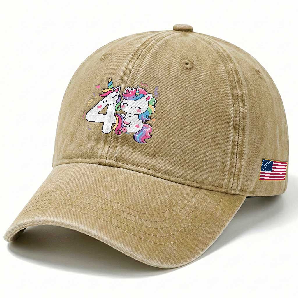 Unicorn 4th Birthday Washed Cotton Baseball Cap 4 Years Old Birthday Outfit
