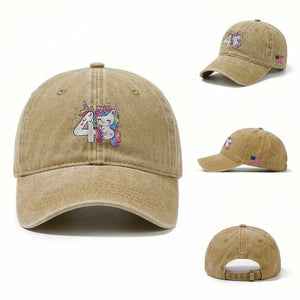 Unicorn 4th Birthday Washed Cotton Baseball Cap 4 Years Old Birthday Outfit