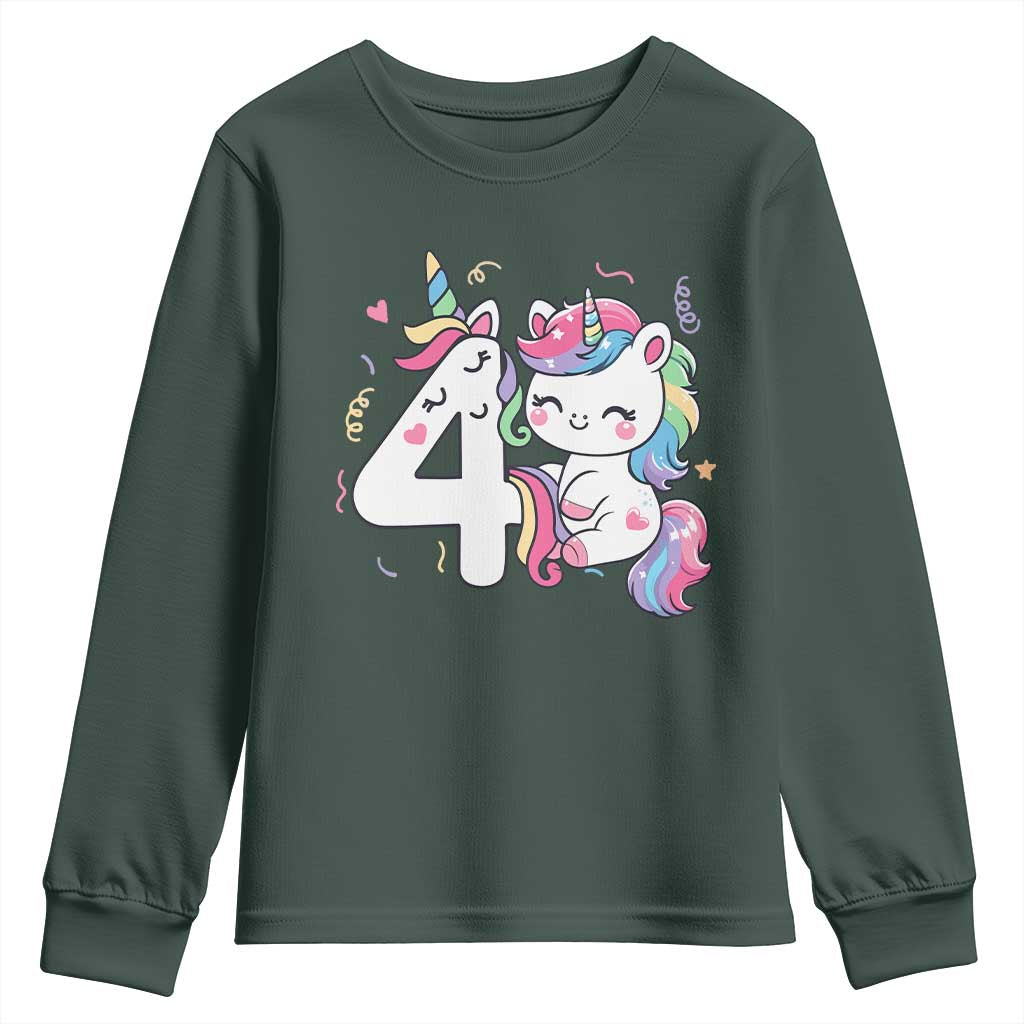 Unicorn 4th Birthday Youth Sweatshirt 4 Years Old Birthday Outfit TS10 Dark Forest Green Print Your Wear