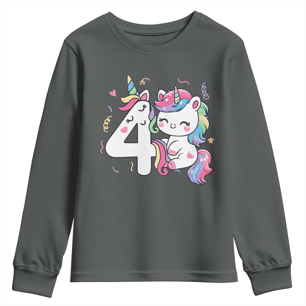 Unicorn 4th Birthday Youth Sweatshirt 4 Years Old Birthday Outfit TS10 Dark Heather Print Your Wear