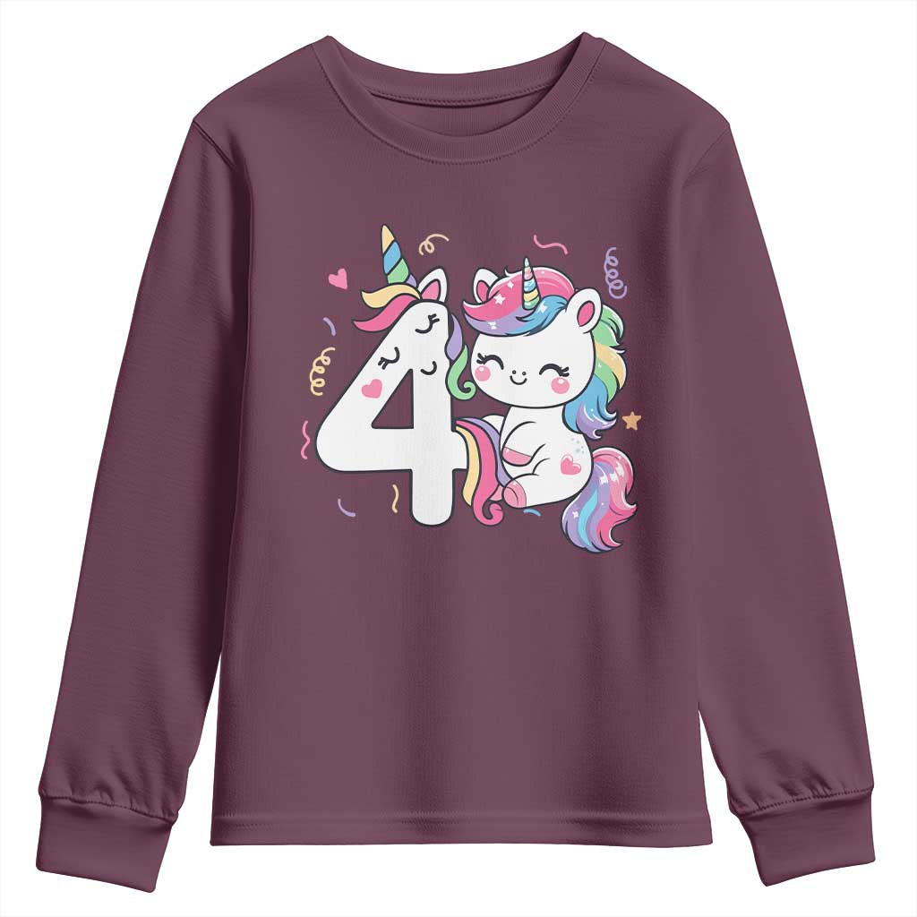 Unicorn 4th Birthday Youth Sweatshirt 4 Years Old Birthday Outfit TS10 Maroon Print Your Wear