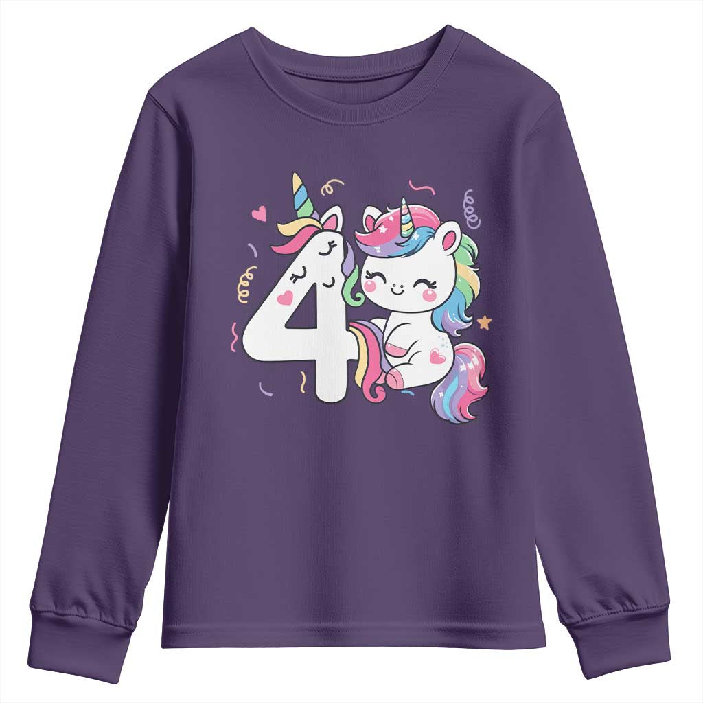 Unicorn 4th Birthday Youth Sweatshirt 4 Years Old Birthday Outfit TS10 Purple Print Your Wear