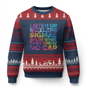 Funny Teacher Ugly Christmas Sweater Listen Up Rizzlers Sigmas Show Work No Cap Tie-Dye TS10 Navy Red Print Your Wear
