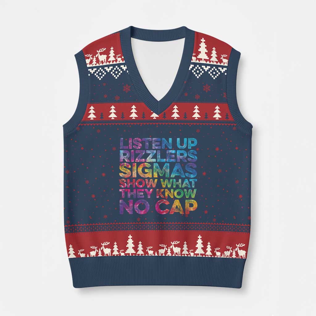 Funny Teacher V-Neck Knit Sweater Vest Listen Up Rizzlers Sigmas Show Work No Cap Tie-Dye TS10 Navy Red Print Your Wear