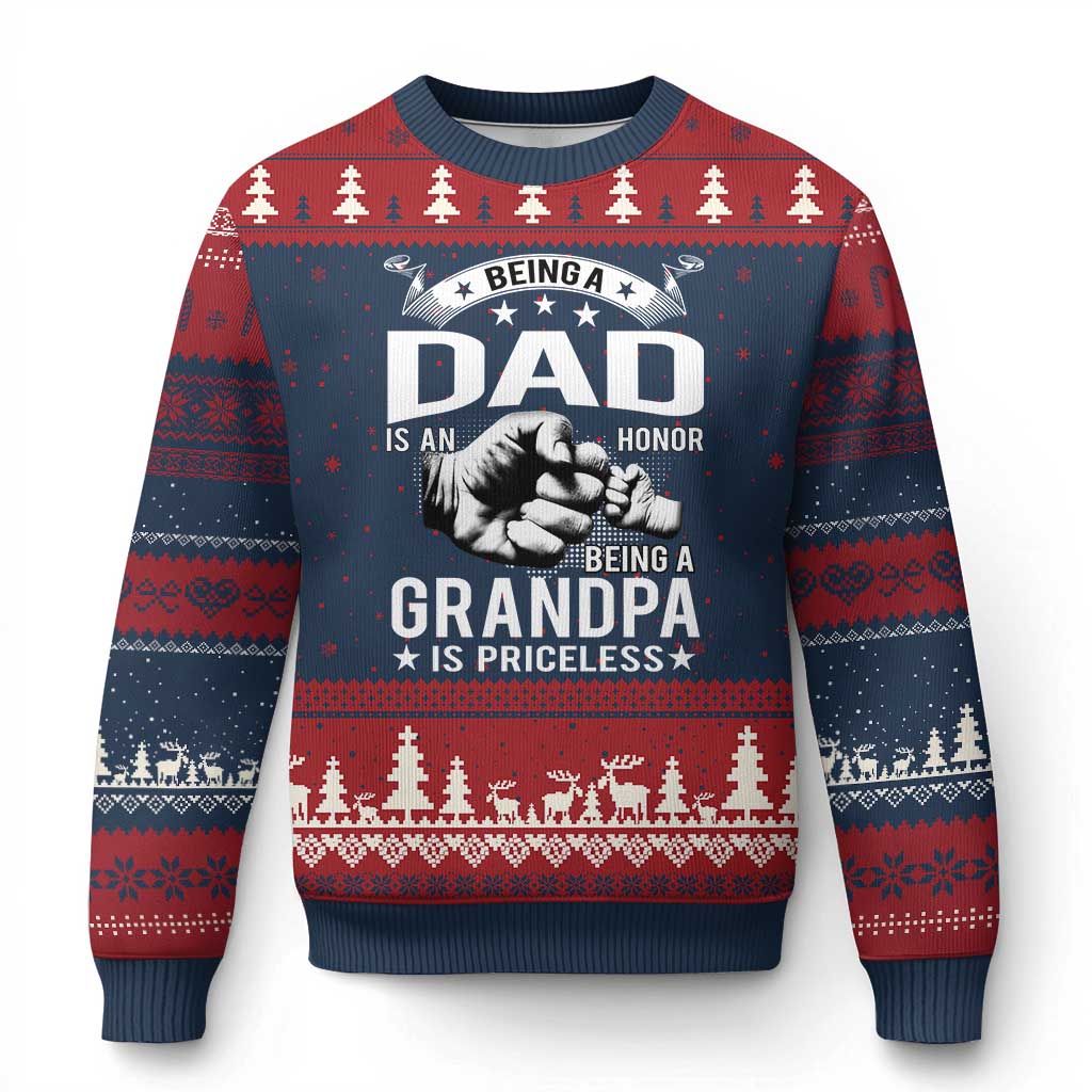 Being A Dad Is An Honor Being A Grandpa is Priceless Ugly Christmas Sweater TS10 Navy Red Print Your Wear
