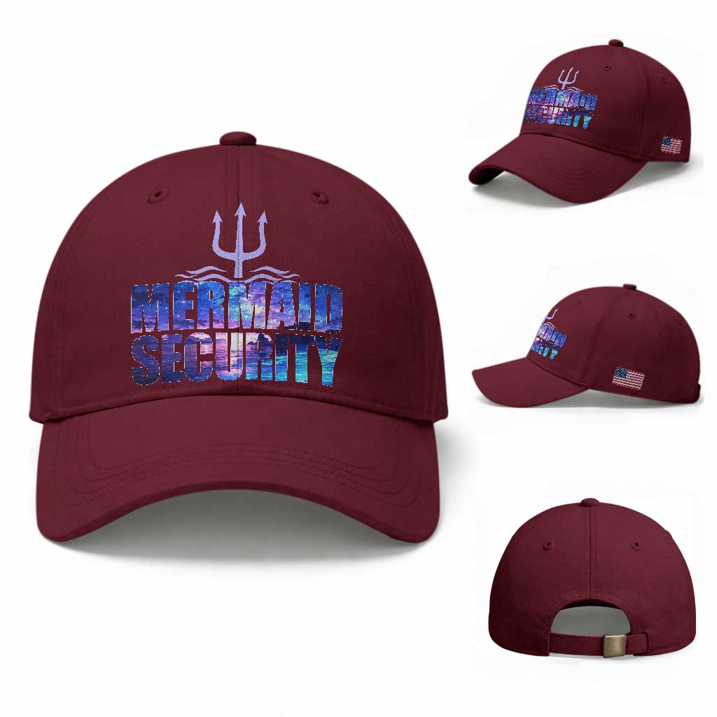 Mermaid Security Baseball Cap Funny Mermaid Family Squad TS10 Baseball Cap Universal Fit Maroon Print Your Wear