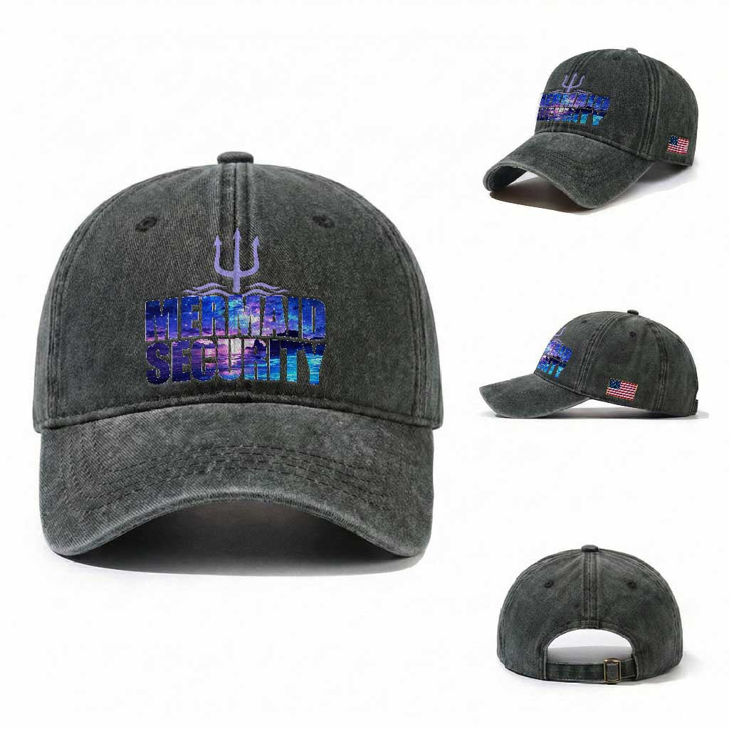Mermaid Security Washed Cotton Baseball Cap Funny Mermaid Family Squad TS10 Washed Cap Universal Fit Dark Green Print Your Wear