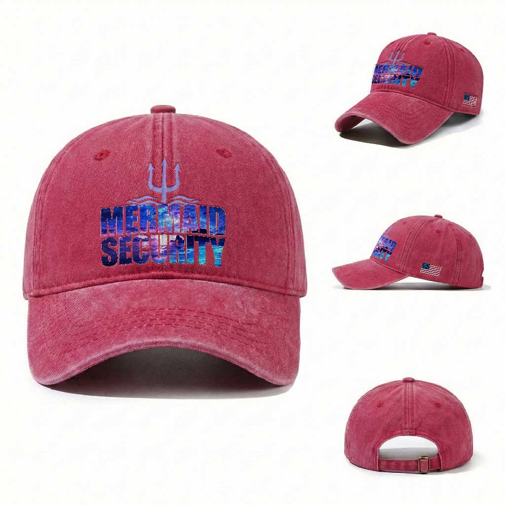 Mermaid Security Washed Cotton Baseball Cap Funny Mermaid Family Squad TS10 Washed Cap Universal Fit Red Print Your Wear