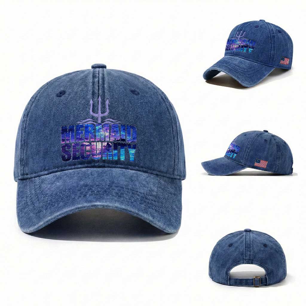 Mermaid Security Washed Cotton Baseball Cap Funny Mermaid Family Squad TS10 Washed Cap Universal Fit Royal Blue Print Your Wear