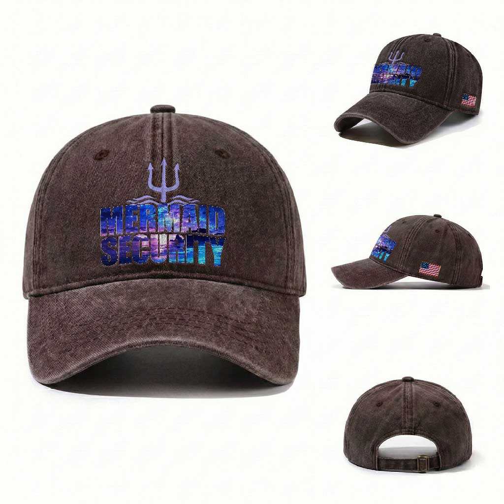 Mermaid Security Washed Cotton Baseball Cap Funny Mermaid Family Squad TS10 Washed Cap Universal Fit Dark Brown Print Your Wear