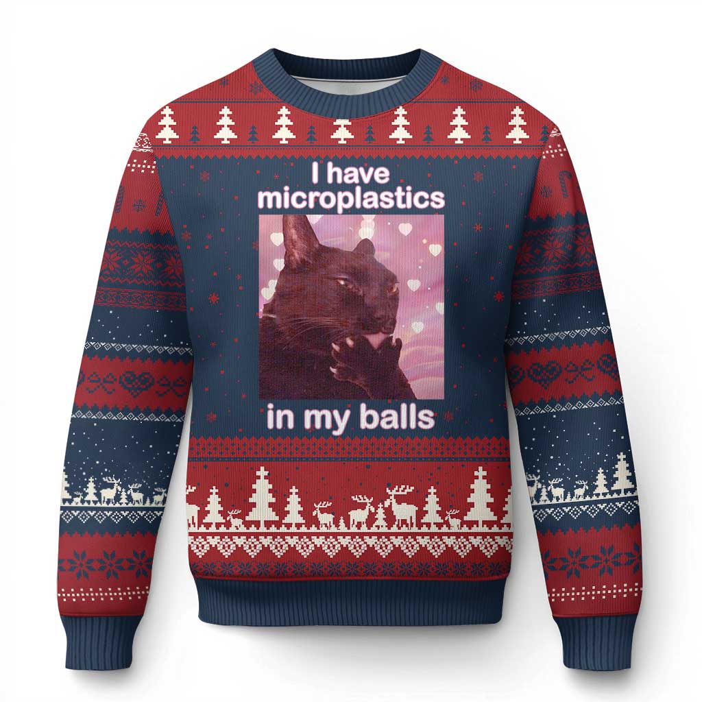 Funny Cat Meme Ugly Christmas Sweater I Have Microplastics In My Balls Dank Meme TS10 Navy Red Print Your Wear